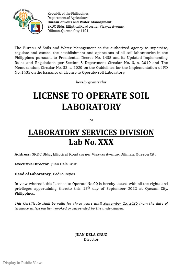 LICENSE TO OPEREATE – SOIL LABORATORY